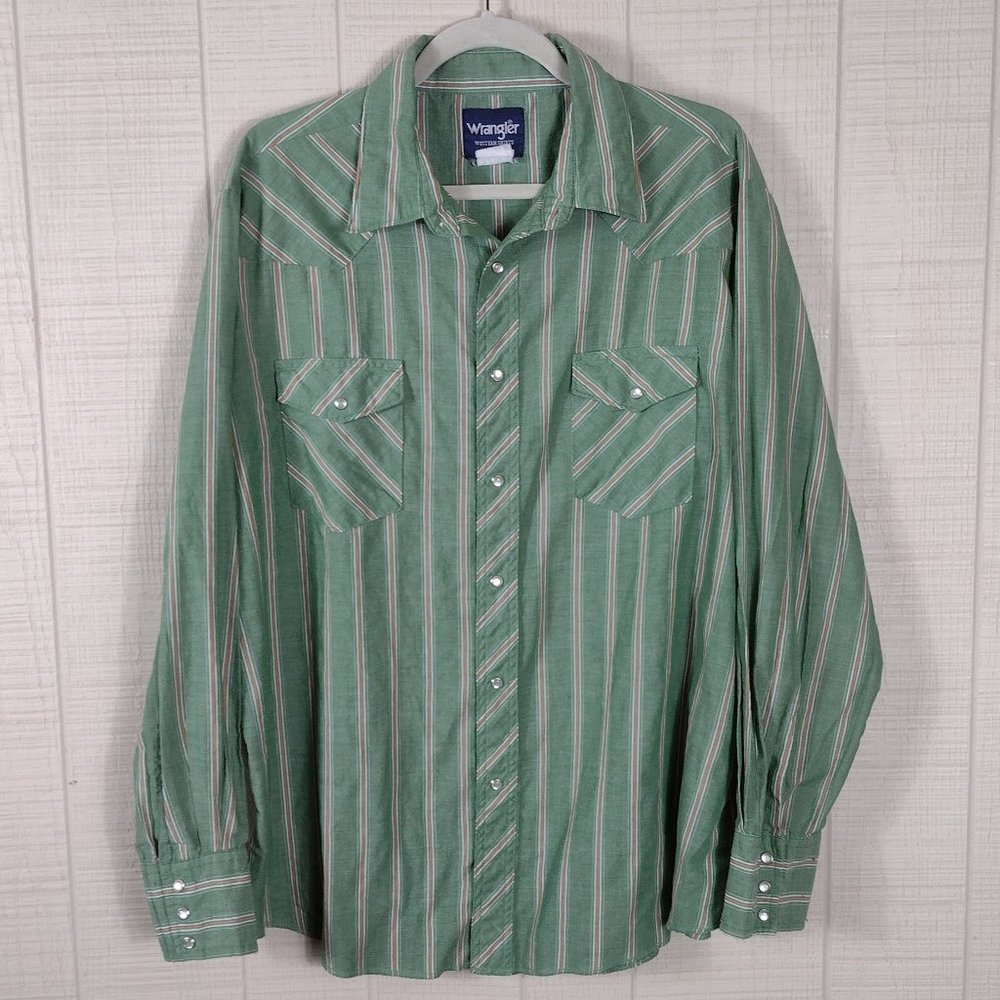 Vintage Wrangler Pearl Snap Western Shirt Green Striped XL